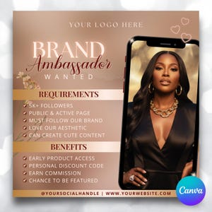 Può includere: Grafica promozionale con sfondo sfumato marrone. Il testo recita "BRAND Ambassador WANTED" con requisiti e vantaggi elencati. Uno smartphone mostra una donna con un top nero e gioielli d'oro. Il logo Canva si trova in basso a destra.