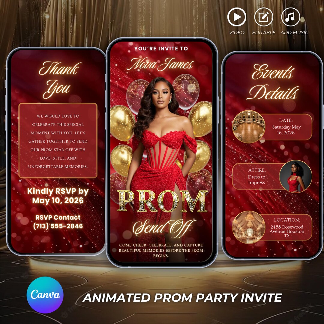Luxury Red Prom Send off Invitation, Animated Canva Template (digital ...