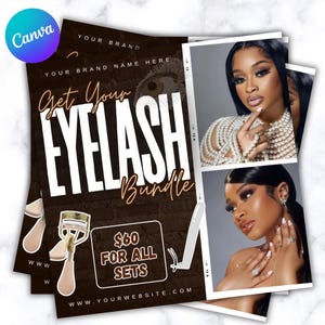 May include: A promotional graphic for an eyelash bundle, featuring the text "Get Your Eyelash Bundle" in large white letters. The design includes images of a woman with long eyelashes and a price tag of $60 for all sets. The background is a dark brown brick pattern.