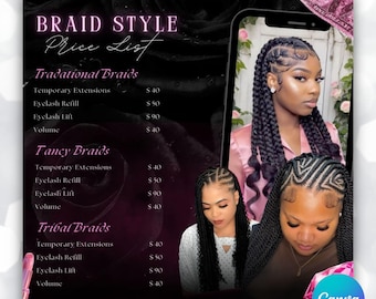 Braids Pricelist Template: DIY Hair Salon Flyer (Canva Editable)