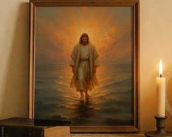 Walking on Water Art Christian Printable Jesus Digital Download Catholic Wall Print for Prayer Space or Religious Home Aesthetic