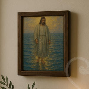 Jesús caminando sobre el agua, lienzo artístico impreso, decoración de pared cristiana, fe, sala de estar, regalo, escena milagrosa bíblica, decoración de sala de oración, descarga instantánea