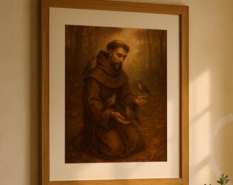 St Francis of Assisi Art Print Brown Habit Animals Christian Wall Decor Prayer Room Catholic Home Gift Living Room Digital Download Print