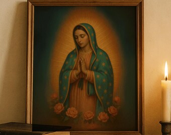 Virgen de Guadalupe Art Print Catholic Digital Download Roses and Radiant Gold Mantle for Spiritual Wall Decor Cultural Gift Altar Display