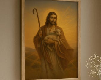 Art mural chrétien chaleureux imprimable scène du bon berger décoration religieuse douce douce accent spirituel moderne art affichage de la foi minimaliste