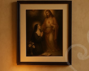 St Margaret Mary Alacoque and Sacred Heart Jesus Vision Religious Art Print Catholic Wall Decor First Friday Devotion Digital Download