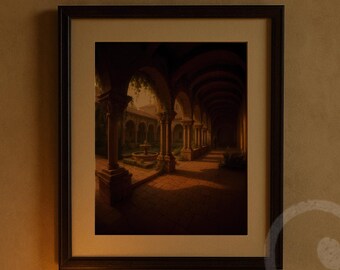 Catholic Cloister Archway Art Printable Monastery Scene for Christian Gallery Wall or Warm Rustic Faith Based Home Decor or Entryway Feature