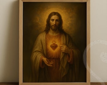 Sacred Heart Printable Art Jesus Burning Heart Catholic Digital Download Feast Day Art Home Altar Religious Decoration Prayer Room Display