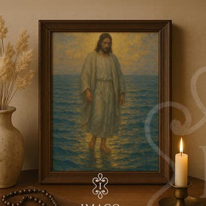 Jesucristo caminando sobre el agua, arte cristiano, retrato digital de Jesús, caminaré con Cristo (LDS), pintura al óleo de Jesús, arte mural con versículos bíblicos