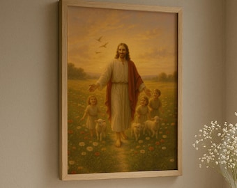 Jesus and Children Wall Print Lamb of God Nursery Decor Christian Digital Art Printable Jesus Scene Peaceful Kids Bible Story Painting