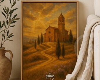 Golden Hour Church Digital Art Christian Printable of Countryside Chapel with Sun Rays for Rustic Wall Display Worship Space Artwork Jesus