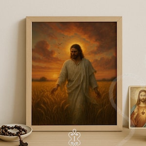 Jesus in Wheat Field Printable Christian Wall Art Digital Sunset Scene for Peaceful Catholic Home Decor or Faith Based Spiritual Display