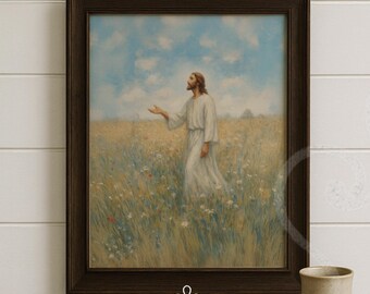 Jesus in Nature Printable Christian Wall Art for Prayer Space Digital Catholic Decor with Wildflowers for Faithful Gift or Room Accent Art