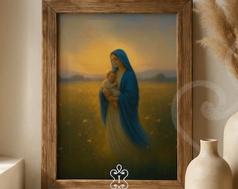 Madonna and Child Catholic Wall Art Printable Virgin Mary Holding Jesus in Field for Christian Nursery or Peaceful Religious Home Decor