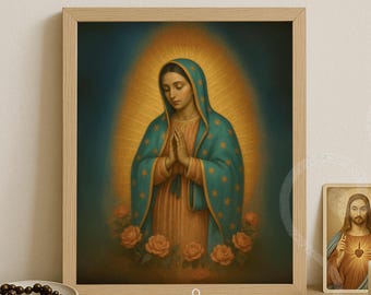 Our Lady of Guadalupe Printable Catholic Art Virgin Mary Digital Wall Decor for Religious Home or Faith Based Gift with Floral Symbolism