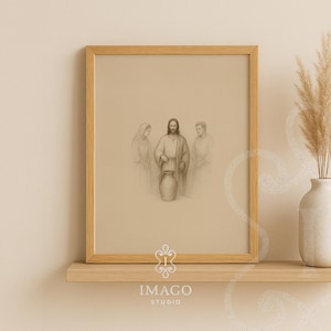 Impresión digital de la boda de Caná, arte mural cristiano, boceto religioso, agua en vino, milagro, historia bíblica, obra de arte, decoración católica, arte imprimible