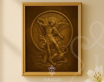 Impresión en relieve de bronce de Miguel Arcángel, Guerra Espiritual, Decoración católica para el hogar, Sala de oración, Decoración de pared para sala de oración, Descarga instantánea, Regalo