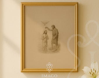 Baptism of Jesus Digital Print Christian Wall Art Religious Drawing John the Baptist Sketch Bible Story Artwork Catholic Home Decor Christ