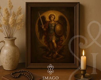 Pintura digital del Arcángel Miguel, arte religioso mural de San Miguel, obra de arte espiritual católica, arte devocional cristiano, impresión del ángel de la guarda