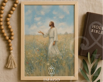 Jesus in Wildflower Field Christian Wall Art Digital Printable Catholic Download for Peaceful Prayer Room Decor or Spiritual Gift Display