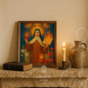 Printable Saint Teresa of Avila Art Carmelite Decor Flaming Heart Book Religious Christian Wall Art Prayer Room Gift Gift Digital Download