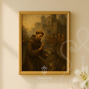 Può includere: Una stampa incorniciata di una scena religiosa. Un uomo in abito marrone con un'aureola tocca un lupo. Un gruppo di persone e un castello sono sullo sfondo. La cornice è dorata e la stampa ha un'estetica vintage. Il testo "IMAGO STUDIO" è in basso.
