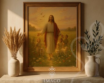 Jesus With Children Wall Art Printable Religious Nursery Decor Lamb of God Christian Art Pastoral Jesus Painting Kids Room Bible Verse