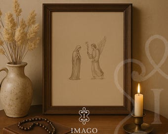 Aankondiging digitale print christelijke kunst aan de muur religieuze tekening Maria en engel Gabriël schets bijbelverhaal kunstwerk katholiek woondecor Christus