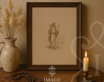 Good Shepherd Digital Print Christian Wall Art Religious Sketch Jesus with Lamb Artwork Catholic Home Decor Jesus Leaving The 99Bible Verse