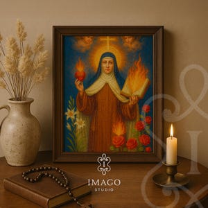 St Teresa of Avila Wall Art Print Catholic Decor Carmelite Prayer Room Flaming Heart Divine Love Living Room Gift Catholic Instant Download