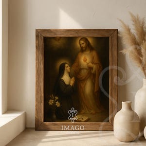May include: A framed religious print featuring a depiction of Jesus with a glowing heart, interacting with a kneeling nun. The artwork is set in a dark, warm-toned environment, with a wooden frame. The print is labeled "IMAGO STUDIO".