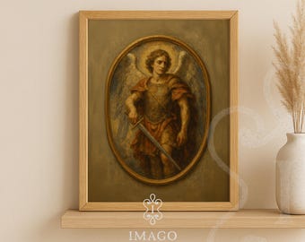 Arte cristiano San Miguel Arcángel Impresión en lienzo Ángel de la guarda Decoración católica para el hogar Guerrero espiritual Sala de oración Descarga instantánea católica