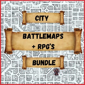 May include: An image of a fantasy-themed bundle of city battlemaps and RPGs. The image features three parchment scrolls with the words "CITY", "BATTLEMAPS + RPG'S", and "BUNDLE" in bold black letters. The background is a detailed city map.