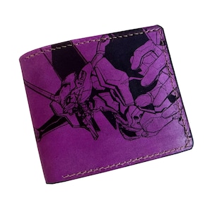 May include: A purple bi-fold wallet featuring a dark purple graphic illustration of a mechanical robot figure on the front cover. The wallet is constructed with visible stitching along the edges, showcasing a detailed line art design of the robot.