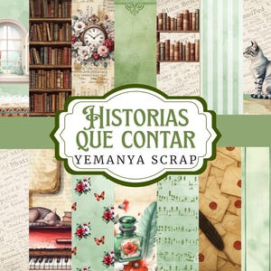 Puede incluir: Un collage decorativo de estilo vintage con elementos literarios. Incluye estanterías, relojes, gatos y una máquina de escribir. El texto "HISTORIAS QUE CONTAR" y "YEMANYA SCRAP" sugiere un proyecto de scrapbooking o manualidades.