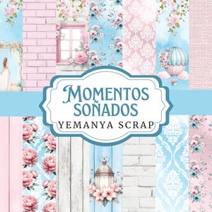 Puede incluir: Un collage de diseños de papel de scrapbook digital en colores pastel. Los diseños incluyen patrones florales, paredes de ladrillo, una ventana, un globo aerostático y el texto "Momentos Soñados Yemanya Scrap".