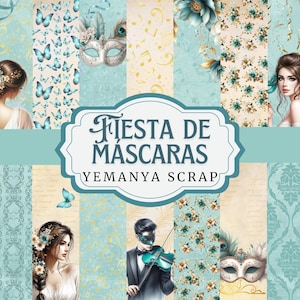 Puede incluir: Un paquete de papel digital en tonos turquesa y dorado. Presenta ilustraciones de mujeres, mariposas, máscaras y patrones florales. El texto "Fiesta de Máscaras Yemanya Scrap" se muestra en una pancarta decorativa.