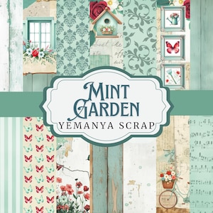 Puede incluir: Un collage decorativo con el tema "Mint Garden", que presenta una casita para pájaros, mariposas, flores y una mujer regando plantas. El diseño incorpora tonos verde menta, crema y rojo, evocando un estilo vintage. El texto "Mint Garden Yemanya Scrap" es visible.