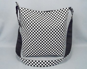 Black and White Checkered Large Crossbody Bag, School Work Book Bag, Skater, Punk Rock, Tomboy, Fabric Bag with Canvas Liner