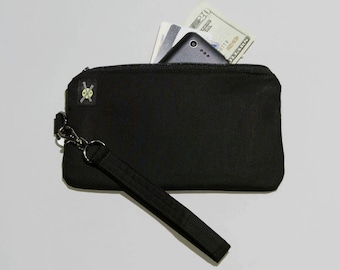 Plain All Black Phone Wristlet Purse, Fabric Clutch, Zipper Pouch, Detachable Strap, No Design, No Print, Small Zipper Purse