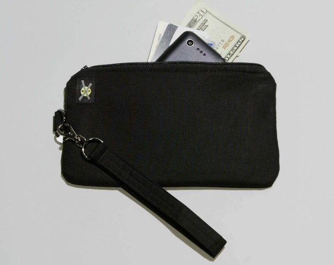 Plain All Black Phone Wristlet Purse, Fabric Clutch, Zipper Pouch, Detachable Strap, No Design, No Print, Small Zipper Purse