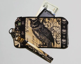 Gothic Antique Nevermore Owl Phone Purse Wristlet, Zipper Pouch, Wallet Wristlet, Fabric Clutch, Detachable Strap, Black Brown, Goth Purse