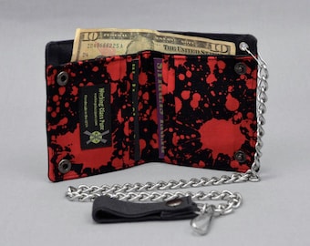 Vegan Chain Wallet Blood Splatter, Horror Wallet, Black Canvas, Goth Punk, Halloween, Red and Black, Fabric Pockets, Detachable Chain