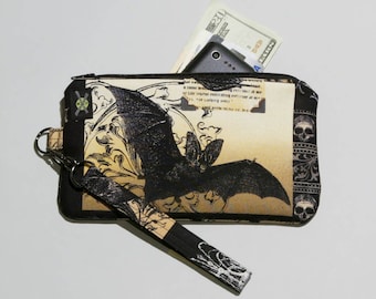 Gothic Antique Nevermore Bat Phone Purse Wristlet, Zipper Pouch, Wallet Wristlet, Small Goth Purse, Detachable Strap, Black Brown