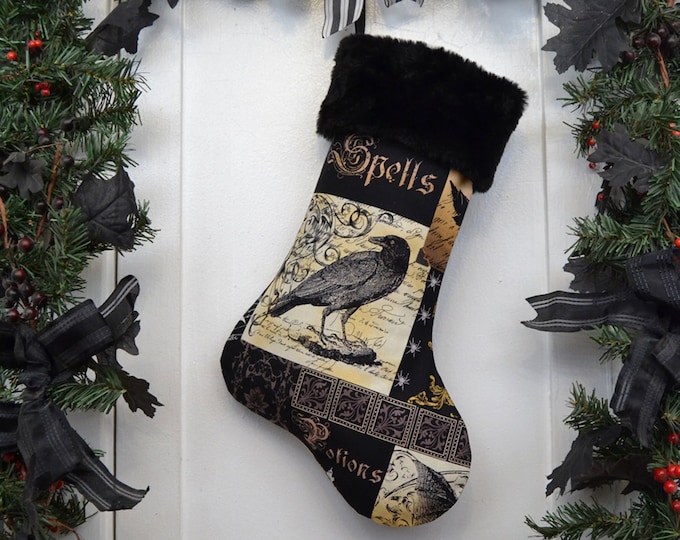 Nevermore Gothic Raven Christmas Stocking, Black Faux Fur, Dark Academia, Black Brown Patchwork Print, Black Canvas Liner