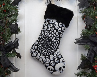 Handmade Infinity Skulls Christmas Stocking, Black and White, Faux Fur Cuff