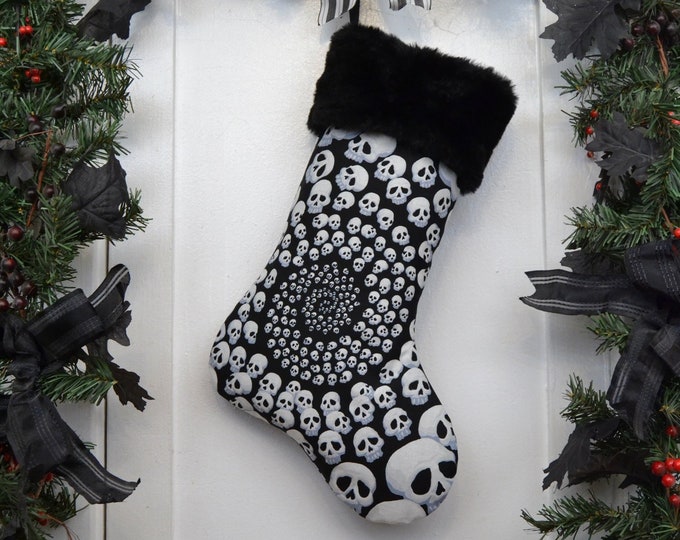 Handmade Infinity Skulls Christmas Stocking, Black and White, Black Faux Fur, Black Canvas Liner, Dark Christmas, Heavy Metal, Goth Punk