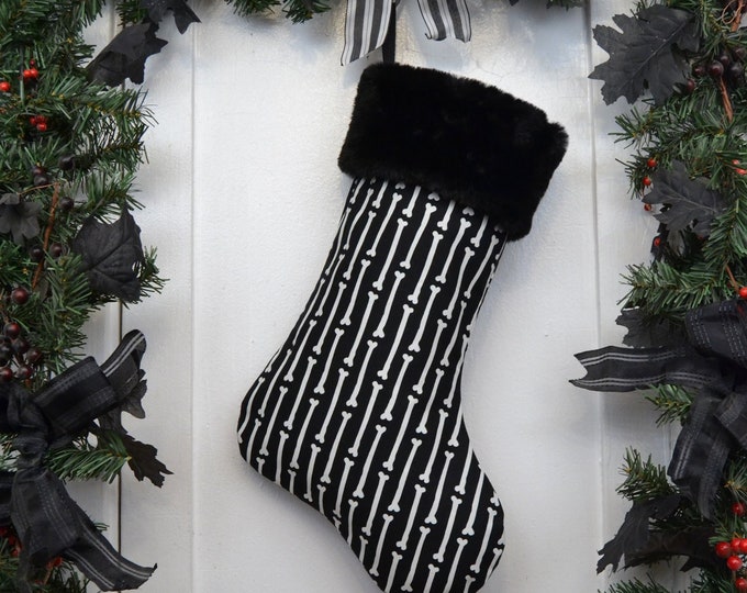Skeleton Bone Stripe Christmas Stocking, Black and White, Faux Fur Cuff
