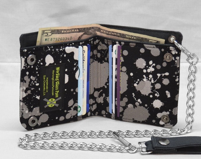 Vegan Chain Wallet, Black and Gray Splatter, Fabric Pockets, Black Canvas Wallet, Punk Rock, Goth, Rocker, Skater Wallet