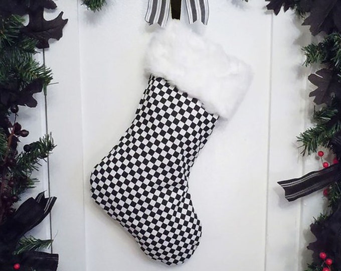 Ska Punk Christmas Stocking Black and White Checkered, White Faux Fur, Rude Boy, Rude Girl, Canvas Liner